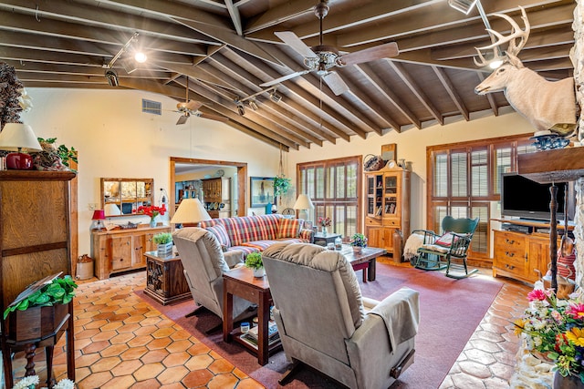 carpeted living room with wood ceiling, lofted ceiling with beams, rail lighting, and ceiling fan