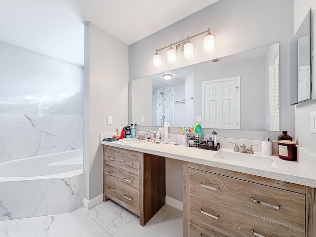 bathroom featuring shower with separate bathtub and vanity