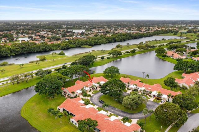 aerial view featuring a water view