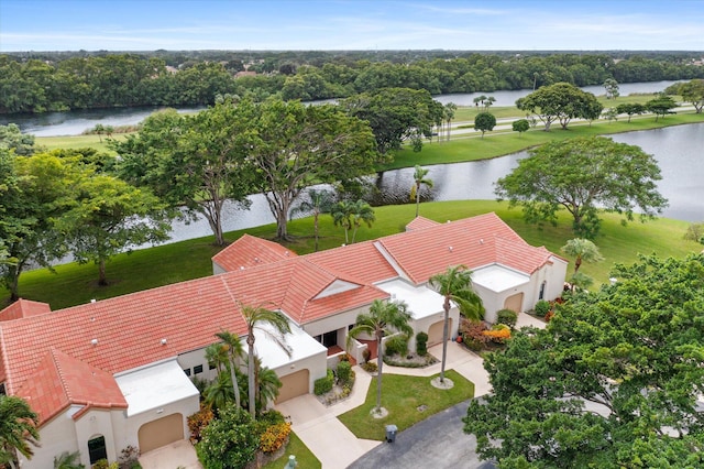 aerial view featuring a water view