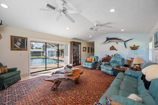 view of swimming pool featuring a patio area, glass enclosure, an outdoor living space, and ceiling fan