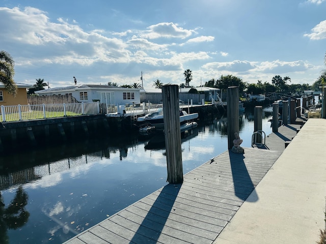 dock area featuring a water view and fence