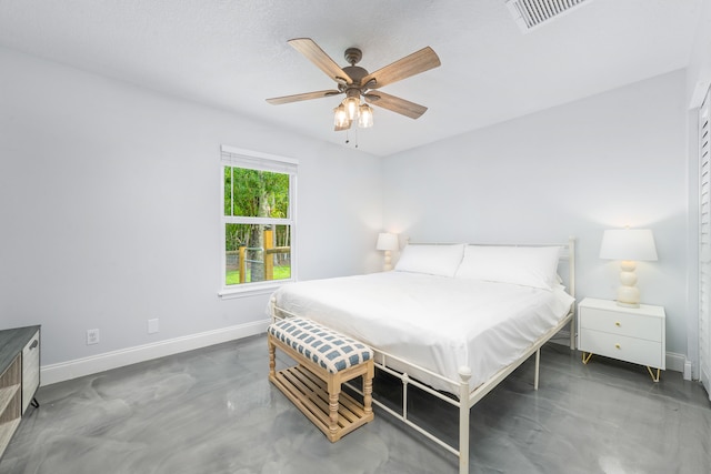 bedroom with a textured ceiling and ceiling fan