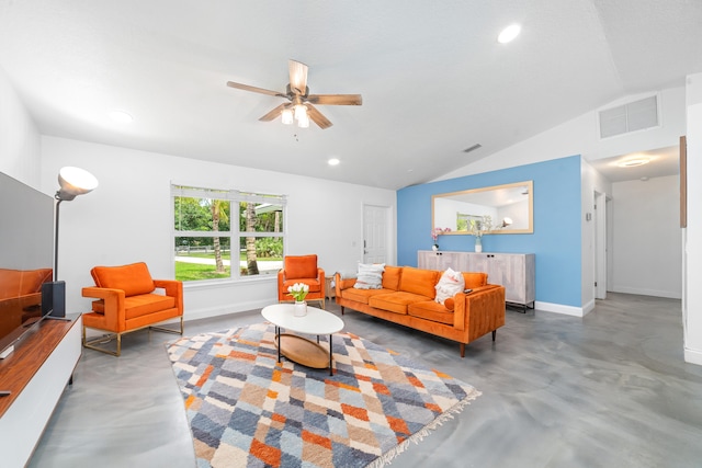 living room with vaulted ceiling, concrete flooring, and ceiling fan