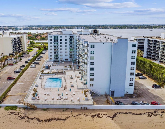 bird's eye view with a water view