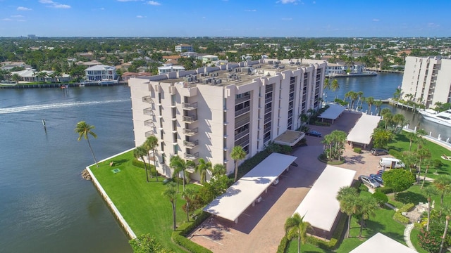 drone / aerial view with a water view