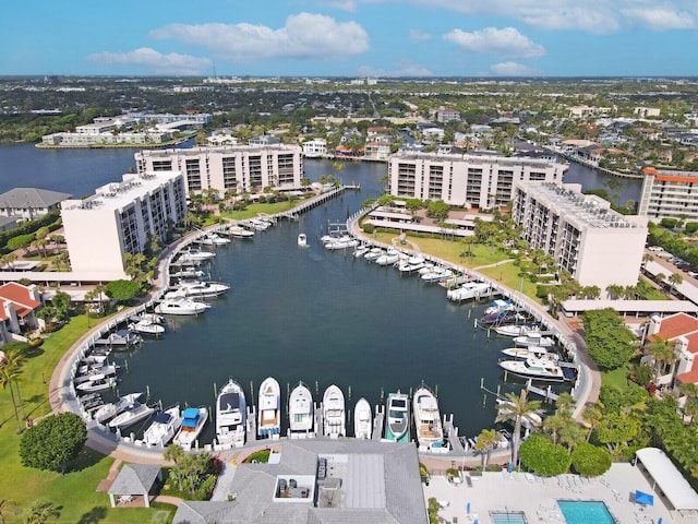 birds eye view of property featuring a water view