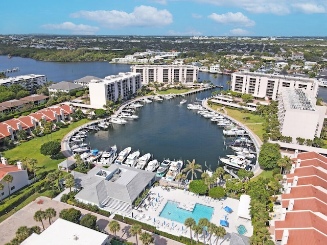 birds eye view of property featuring a water view