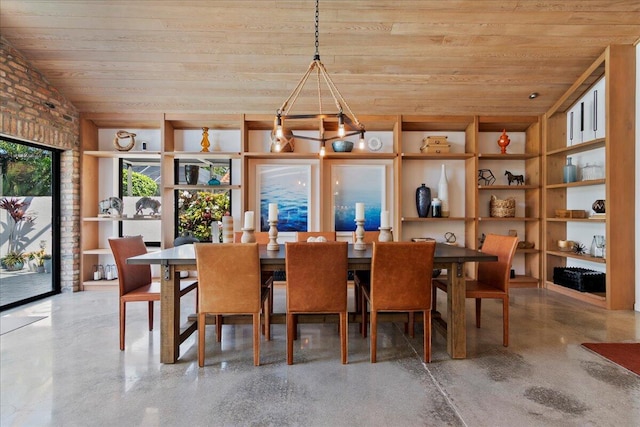 unfurnished dining area featuring wood ceiling and an inviting chandelier