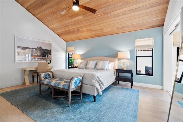 bedroom featuring ceiling fan, vaulted ceiling, wooden ceiling, and light hardwood / wood-style flooring