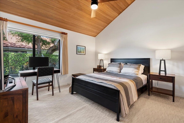 carpeted bedroom featuring ceiling fan, high vaulted ceiling, and wood ceiling