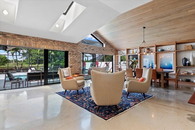 living room featuring a skylight, wooden ceiling, high vaulted ceiling, and brick wall