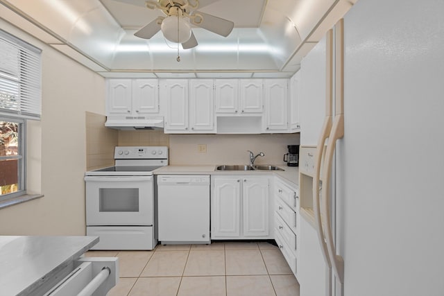 kitchen featuring white cabinetry, sink, ceiling fan, white appliances, and light tile patterned floors