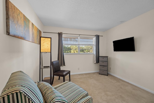 living area featuring light carpet and a textured ceiling