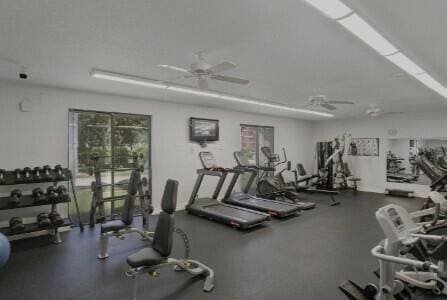 exercise room featuring ceiling fan