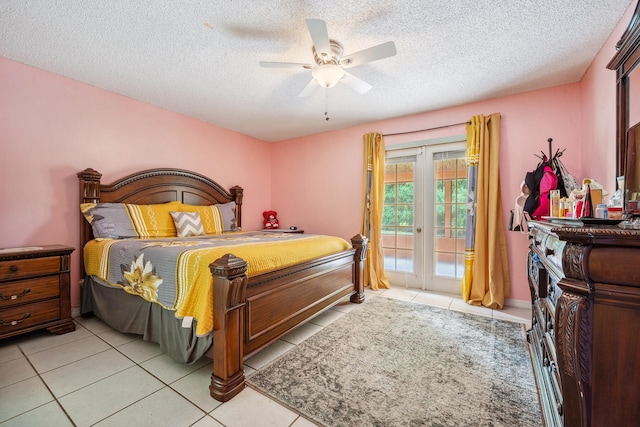 bedroom with french doors, a textured ceiling, access to exterior, ceiling fan, and light tile patterned floors