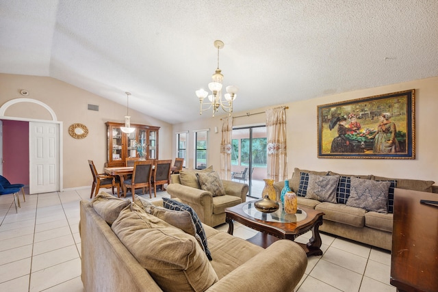 living room featuring vaulted ceiling, a textured ceiling, an inviting chandelier, and light tile patterned floors