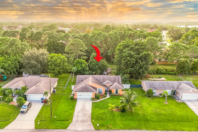 view of aerial view at dusk