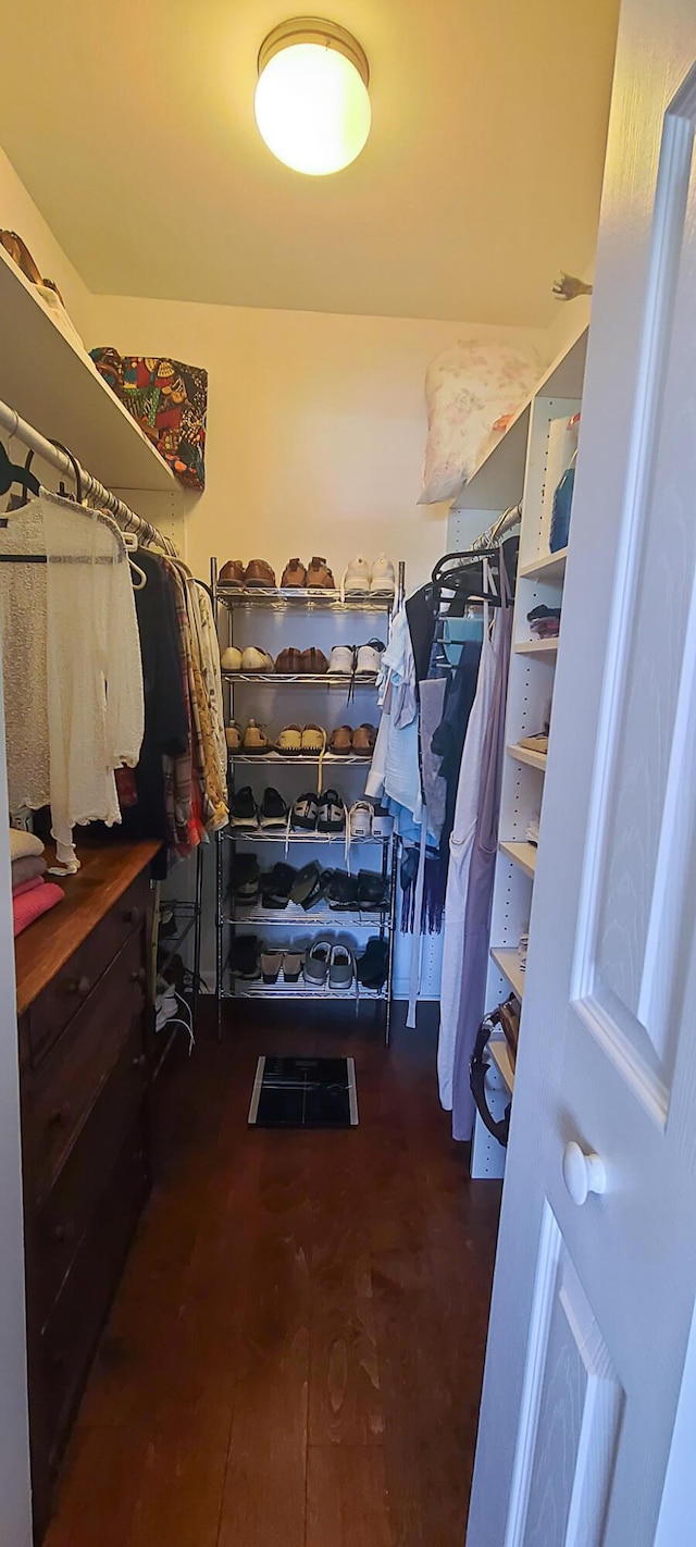 walk in closet with wood finished floors