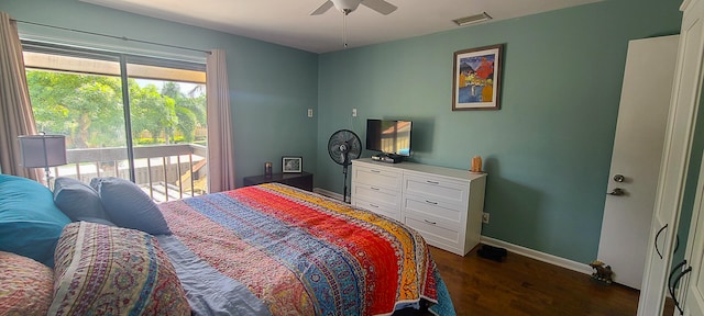 bedroom with ceiling fan, dark hardwood / wood-style flooring, and access to exterior