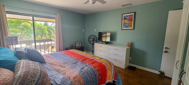 bedroom featuring visible vents, access to exterior, baseboards, ceiling fan, and dark wood finished floors