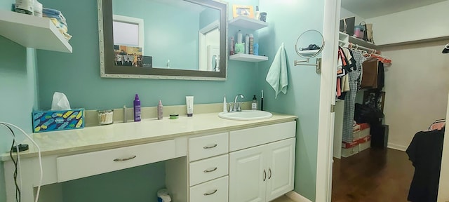 bathroom featuring vanity, baseboards, and a spacious closet