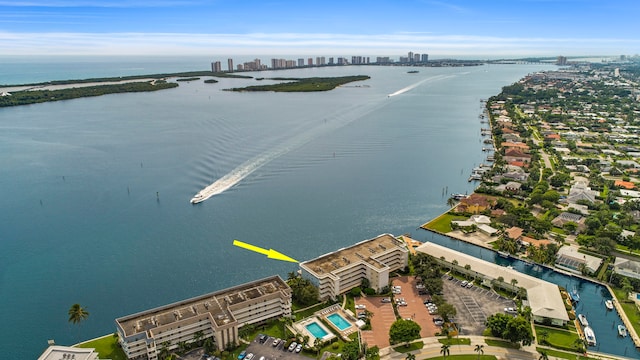 drone / aerial view with a water view