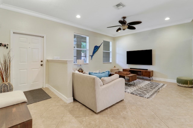 tiled living room with crown molding and ceiling fan