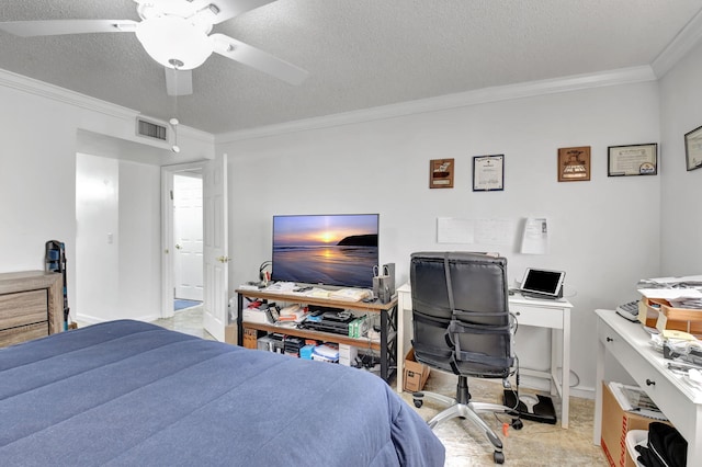 bedroom with crown molding, a textured ceiling, and ceiling fan