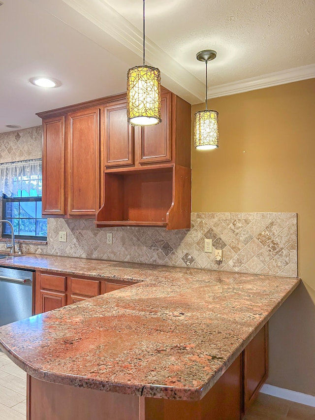 kitchen with backsplash, hanging light fixtures, ornamental molding, light stone counters, and kitchen peninsula