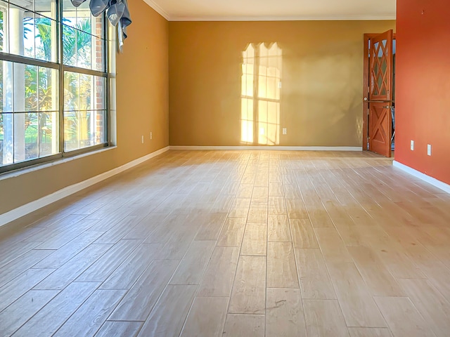 spare room featuring light hardwood / wood-style floors and ornamental molding