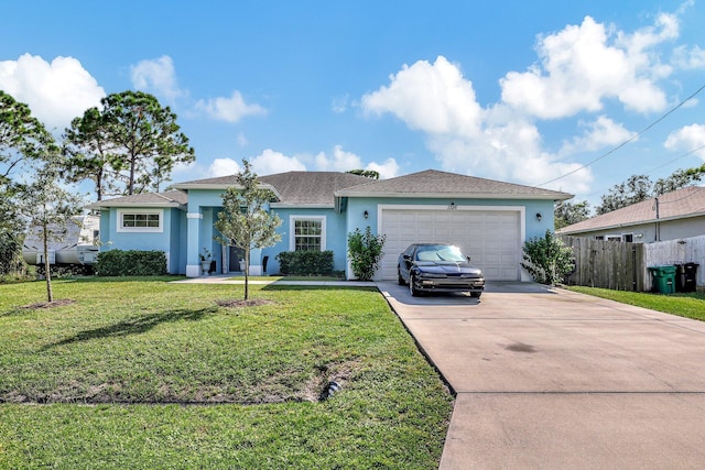 ranch-style house with a front yard and a garage