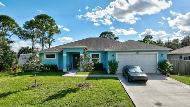 ranch-style house featuring a front lawn and a garage