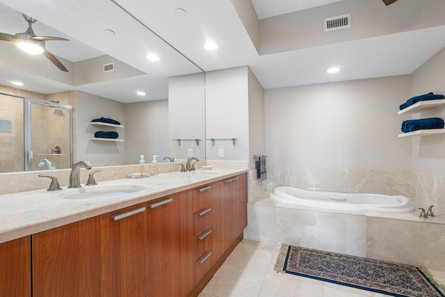 bathroom featuring vanity, independent shower and bath, ceiling fan, and tile patterned flooring