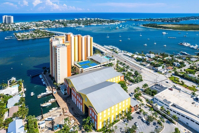 aerial view featuring a water view