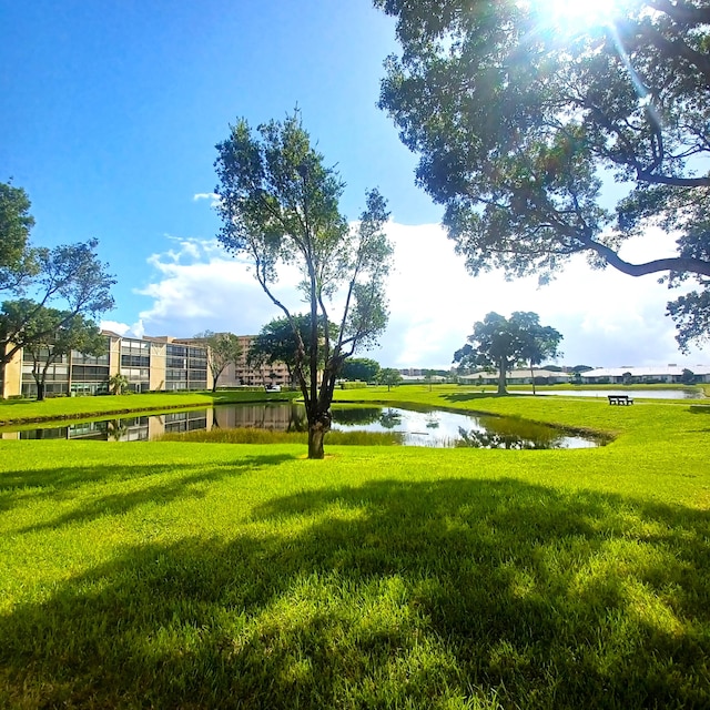 view of property's community featuring a water view and a lawn