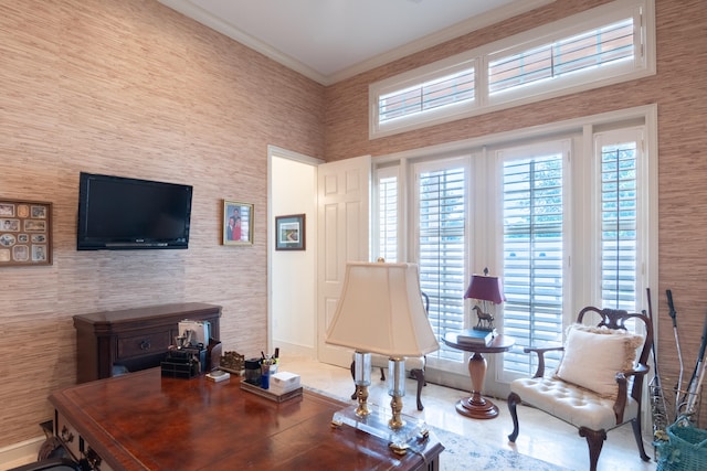 interior space featuring ornamental molding and a high ceiling