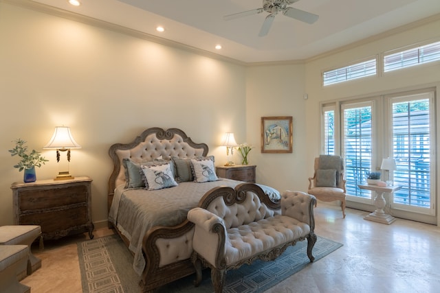 bedroom featuring ornamental molding, a high ceiling, access to exterior, and ceiling fan