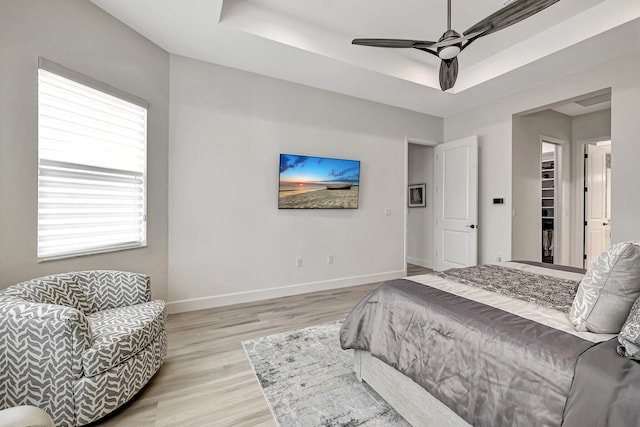 bedroom with a closet, light hardwood / wood-style flooring, a spacious closet, a raised ceiling, and ceiling fan