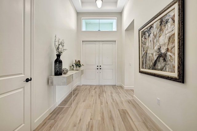 foyer entrance featuring a raised ceiling and light wood-type flooring