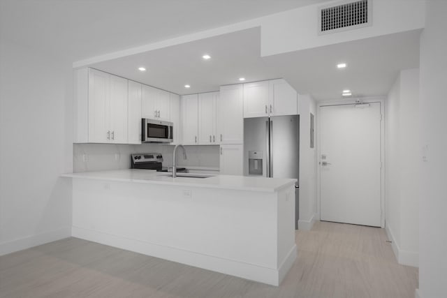 kitchen with appliances with stainless steel finishes, sink, kitchen peninsula, and white cabinets