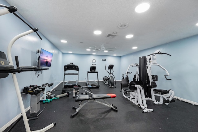 exercise room featuring a textured ceiling and ceiling fan