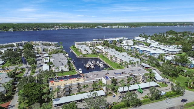 drone / aerial view featuring a water view