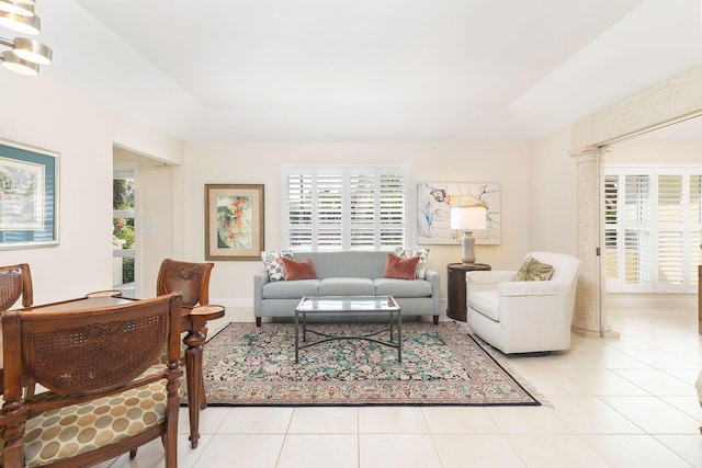 living room with light tile patterned flooring