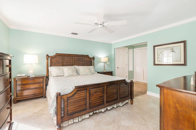 bedroom featuring a closet, ceiling fan, and ornamental molding