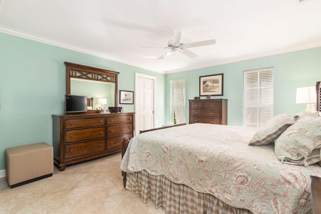 bedroom featuring ceiling fan and ornamental molding