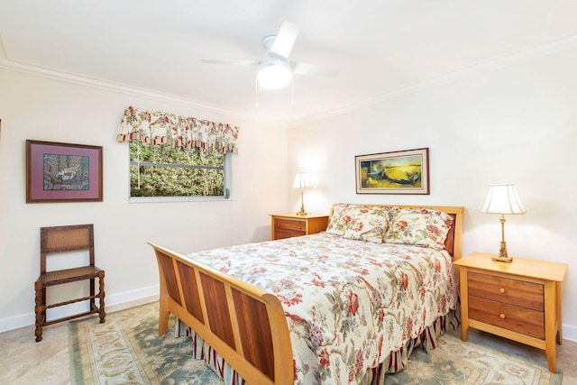 bedroom featuring ceiling fan and ornamental molding