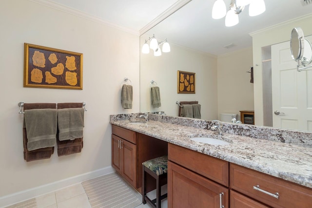 bathroom featuring walk in shower, toilet, vanity, crown molding, and tile patterned flooring