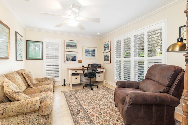 tiled home office featuring crown molding and ceiling fan