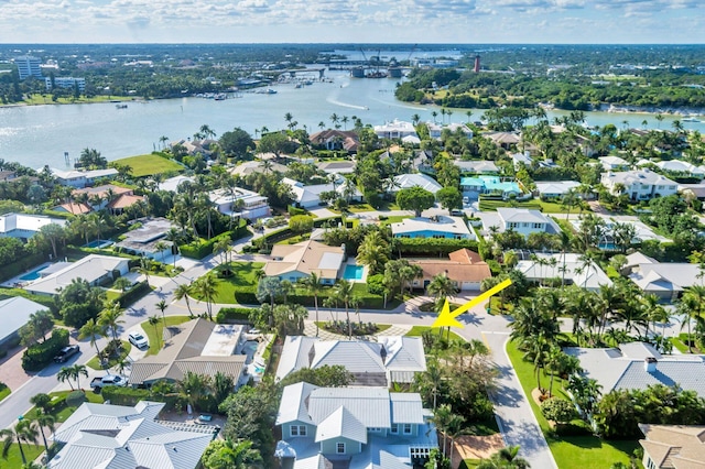 aerial view featuring a water view